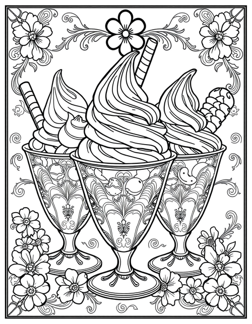 Black and white coloring page of gelato cups with various flavors and wafer cookies
