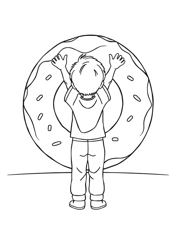 Coloring page of a giant ring donut as tall as a person with a child seen from behind beside it, both arms raised
