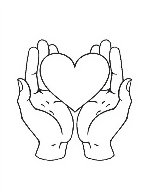 Coloring page of two open cupped hands holding one large plain heart resting in both palms
