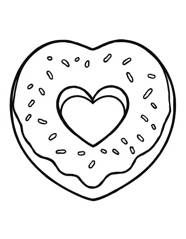 Coloring page of a heart shaped donut with a heart shaped hole through the middle and sprinkles across the glaze