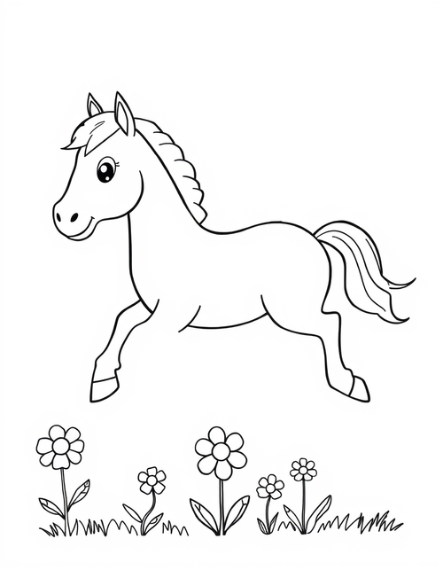 Horse Galloping In A Meadow With Wildflowers Coloring Page - free printable coloring page