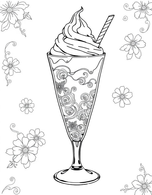 Black and white coloring page of an ice cream float in a tall glass with whipped cream