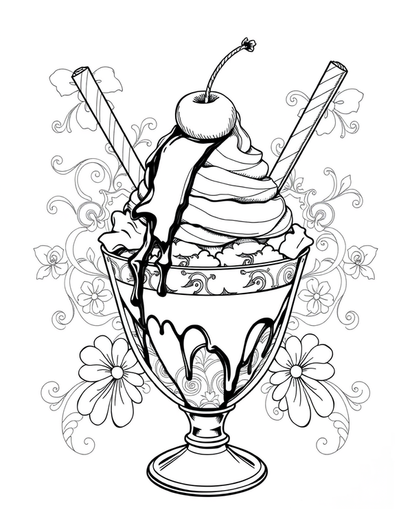 Black and white coloring page of an ice cream sundae with hot fudge and a cherry on top