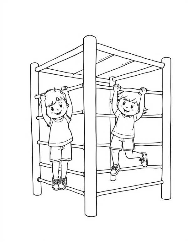 Black and white coloring page of kids climbing a jungle gym together