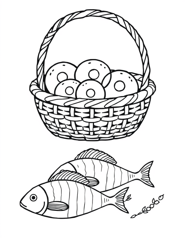 Coloring page of a woven basket with five bread rolls and two fish lying in front with wheat stalks beside them