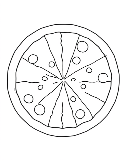 Coloring page of a round pizza with a thick crust and cut lines, carrying only a few pepperoni so kids can draw their own toppings