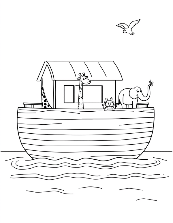 Coloring page of Noah's ark floating on water with giraffes, elephants and a dove carrying a branch