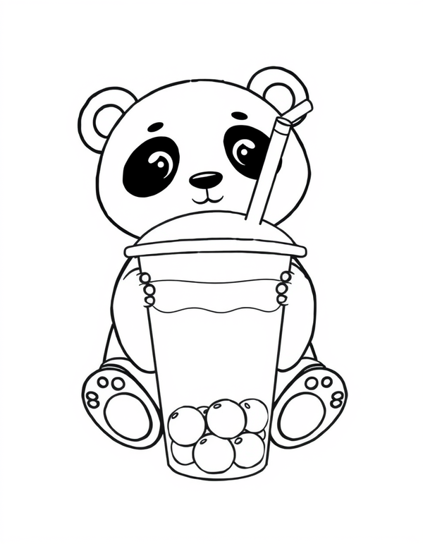 Panda Drinking Boba black and white line art