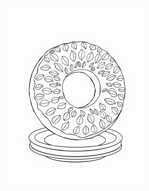 Coloring page of a large ring donut standing on edge against a stack of plates, its glaze covered in a repeating pattern of circles, teardrops and leaf shapes