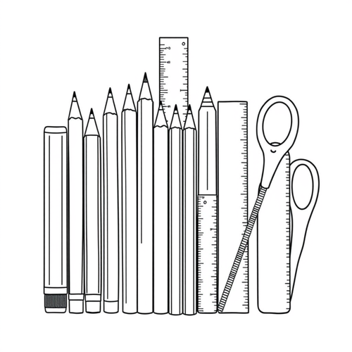 Black and white coloring page of pencils rulers and school supplies arranged