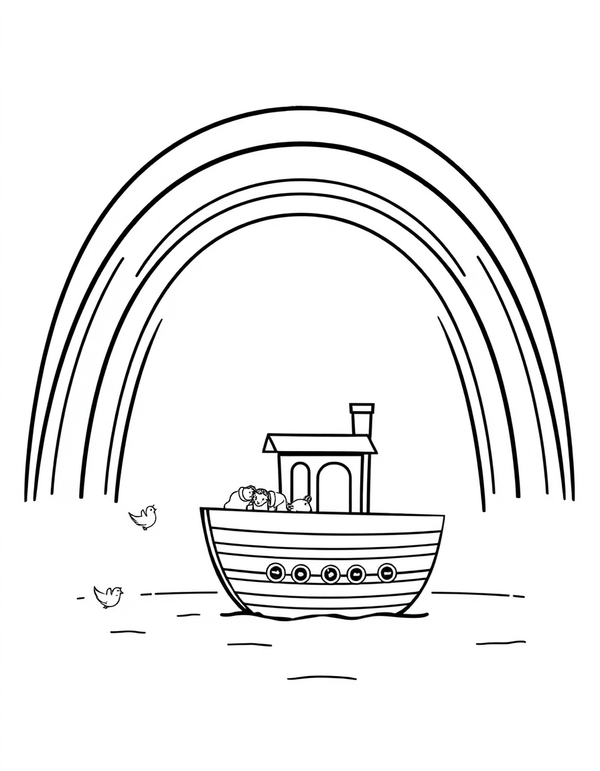 Coloring page of a wide rainbow arching over Noah's ark on calm water with a small dove