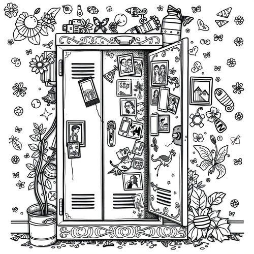 Black and white coloring page of school locker decorated with magnets and photos