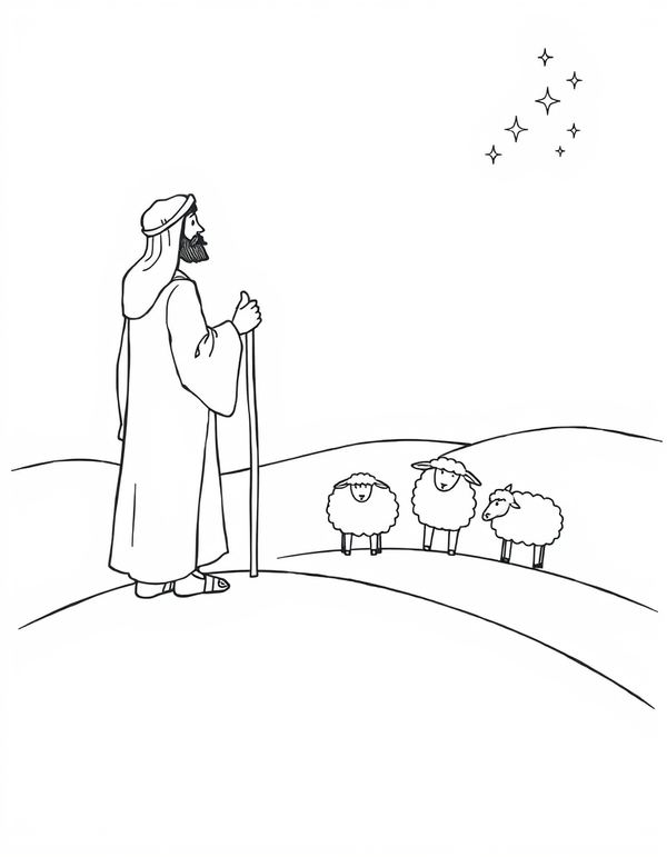 Coloring page of a shepherd in a long robe holding a staff on a hill with three sheep and stars above