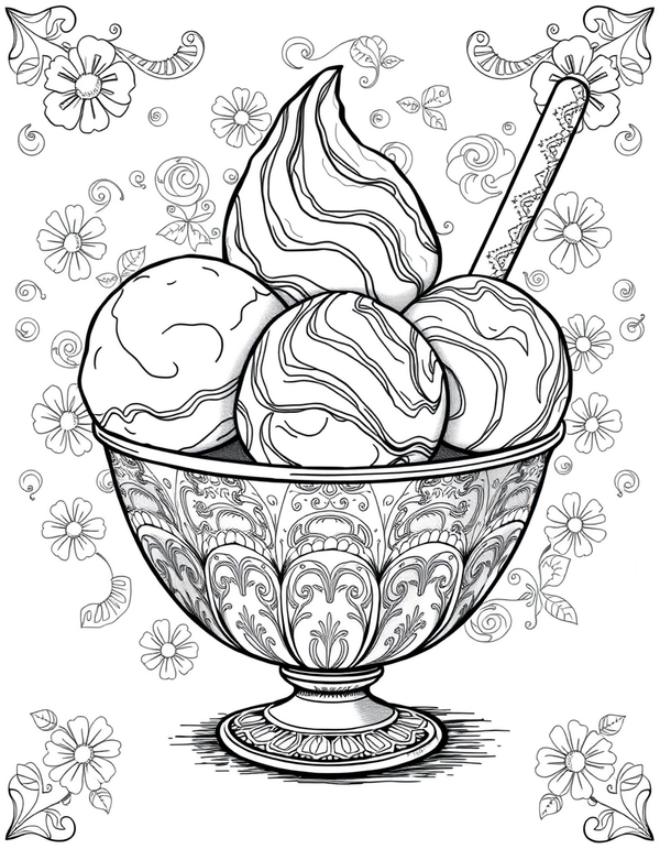 Black and white coloring page of a bowl of rainbow sherbet scoops