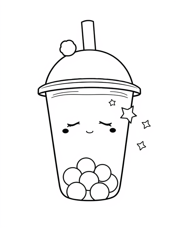 Sleepy Boba Cup black and white line art