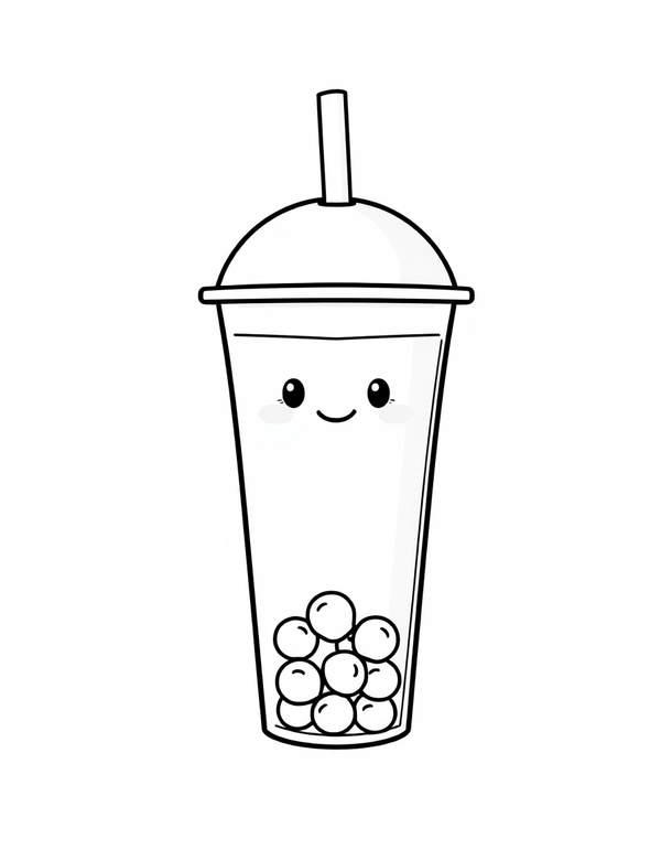 Smiling Boba Cup black and white line art