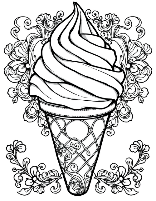 Black and white coloring page of a soft serve swirl ice cream cone