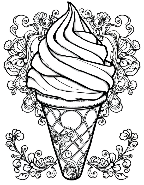 Black and white coloring page of a soft serve swirl ice cream cone