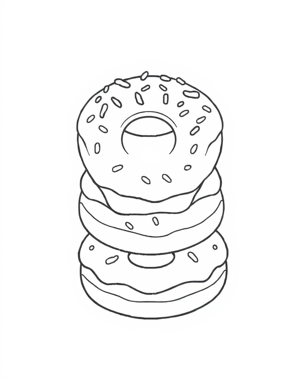 Coloring page of three ring donuts stacked one on top of another, each with a wavy glaze edge and scattered sprinkles