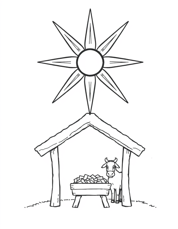 Star of Bethlehem Over a Stable Coloring Page coloring page