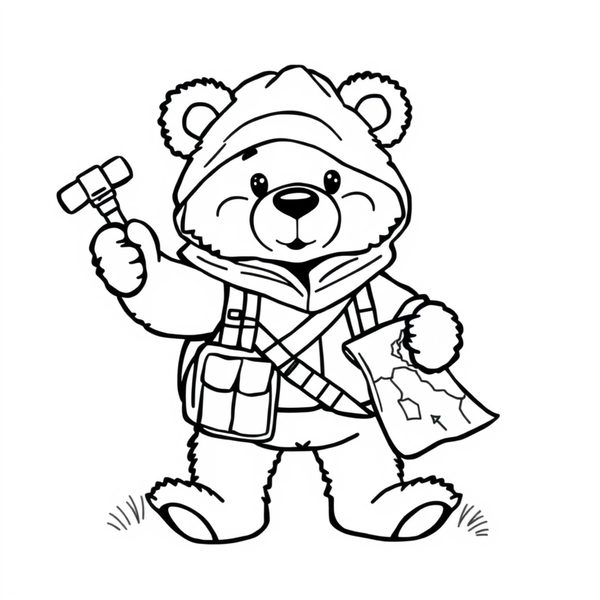 Black and white coloring page of teddy bear dressed as an explorer with a map