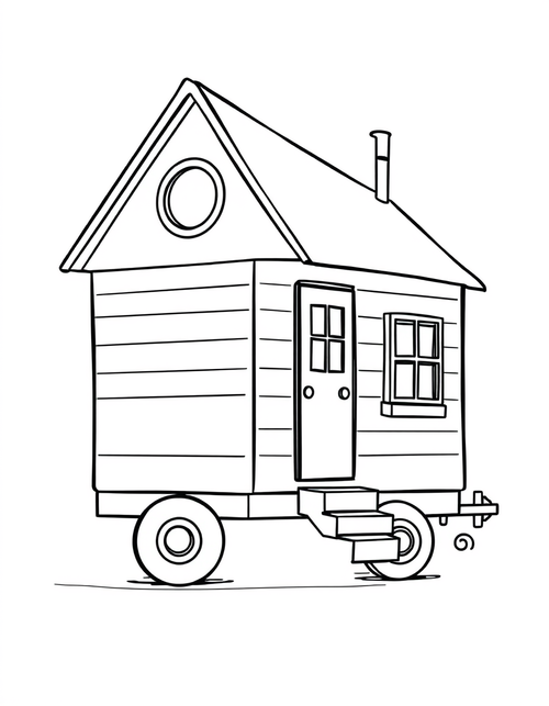 Coloring page of a tiny house built on a flat trailer with two round wheels, a steep roof, a loft window and a short set of steps to the door