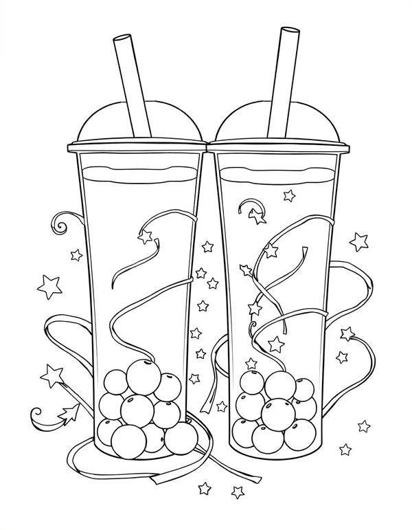 Two Boba Cups With Swirls and Stars black and white line art