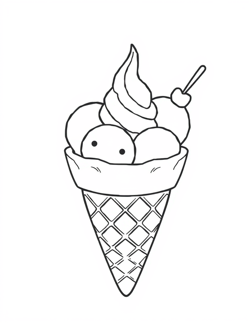 Black and white coloring page of a waffle cone with three colorful scoops of ice cream