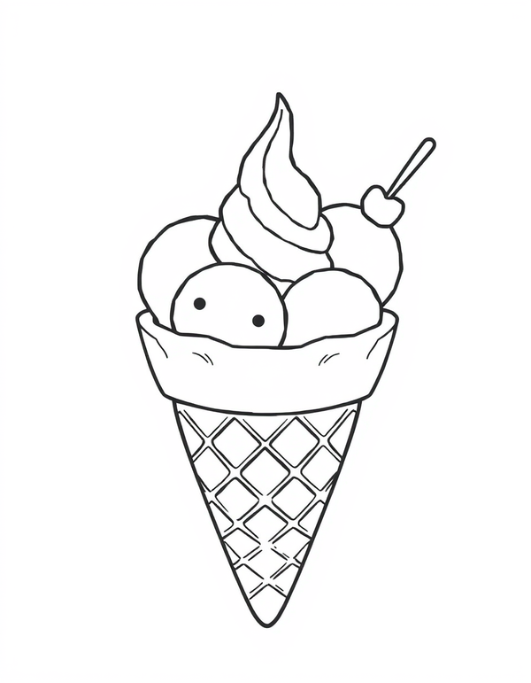Black and white coloring page of a waffle cone with three colorful scoops of ice cream