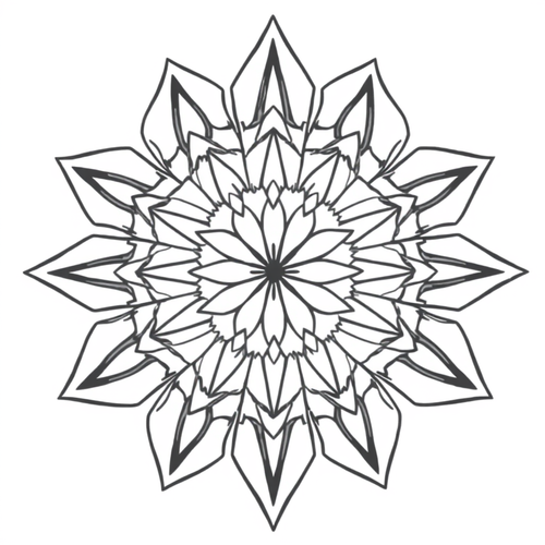 Black and white coloring page of angular geometric mandala with sharp crystalline patterns