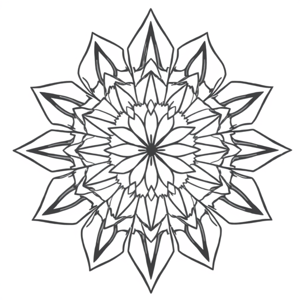 Black and white coloring page of angular geometric mandala with sharp crystalline patterns