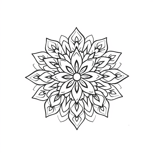 Black and white coloring page of beginner mandala with simple leaf pattern