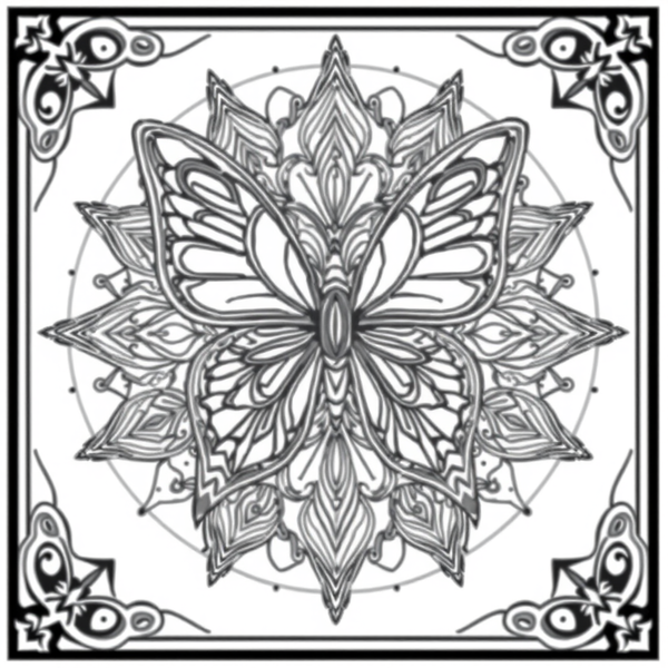Black and white coloring page of butterfly mandala with art deco geometric elements