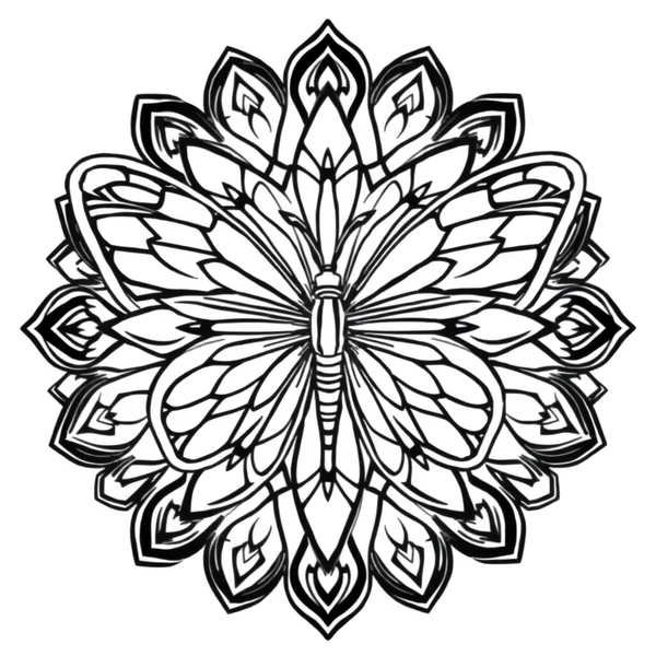Black and white coloring page of butterfly mandala with geometric wing patterns