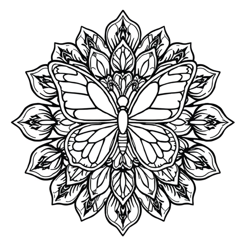 Black and white coloring page of butterfly mandala with intricate floral petal details