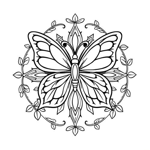 Black and white coloring page of butterfly mandala with vine and leaf border