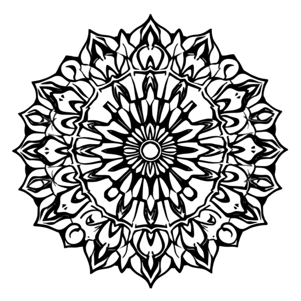 Black and white coloring page of easy mandala with basic repeating geometric shapes
