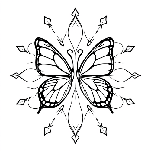 Black and white coloring page of paired mirrored butterflies forming a circular mandala