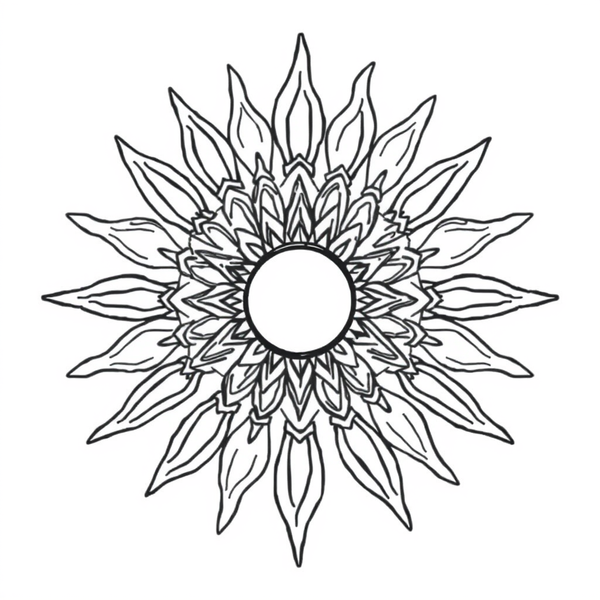 Black and white coloring page of sun mandala with fire and flame ray elements