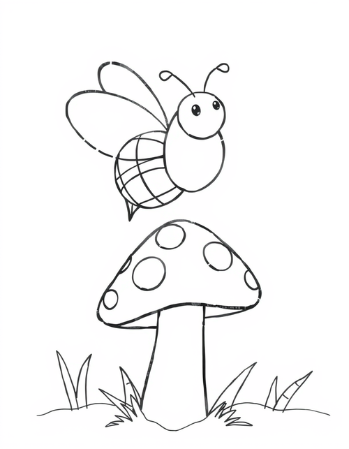Bee Flying Above A Mushroom black and white line art