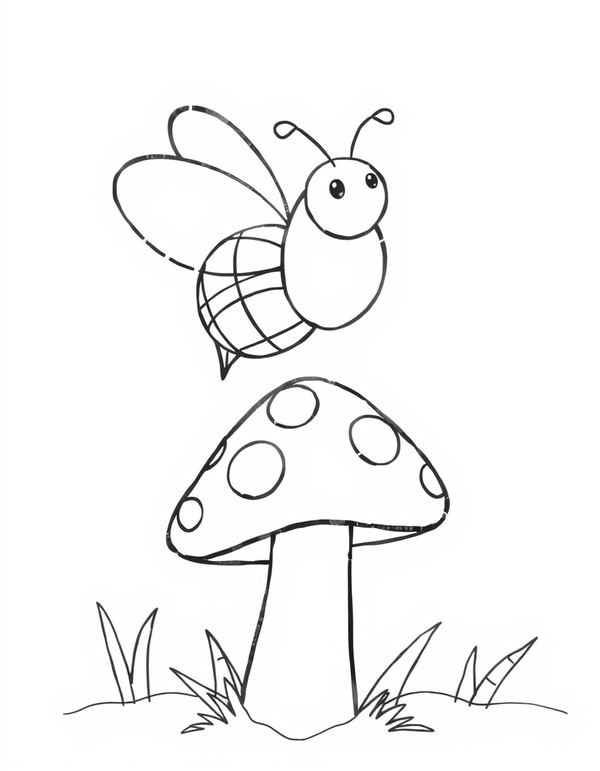 Bee Flying Above A Mushroom black and white line art