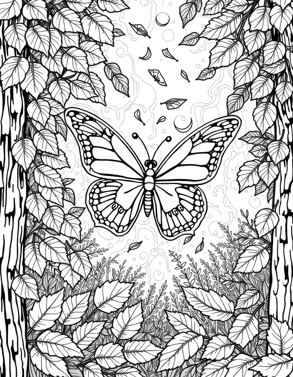 Butterfly Among Autumn Falling Leaves - black and white coloring page