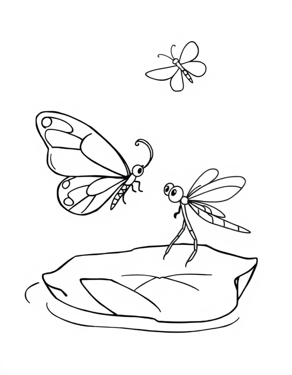 Butterfly and Dragonfly Together on a Lily Pad - black and white coloring page