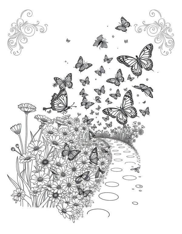 Butterfly Colony on a Flowering Meadow Path - black and white coloring page