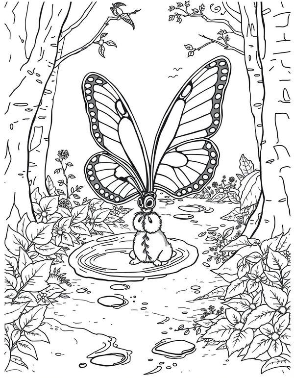 Butterfly Drinking from a Puddle on a Forest Path - black and white coloring page