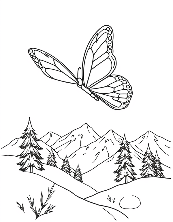 Butterfly Flying Over a Snowy Mountain Landscape - black and white coloring page