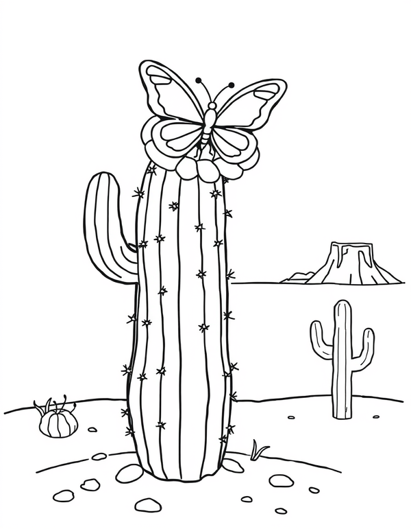 Butterfly on a Cactus Flower in the Desert - black and white coloring page