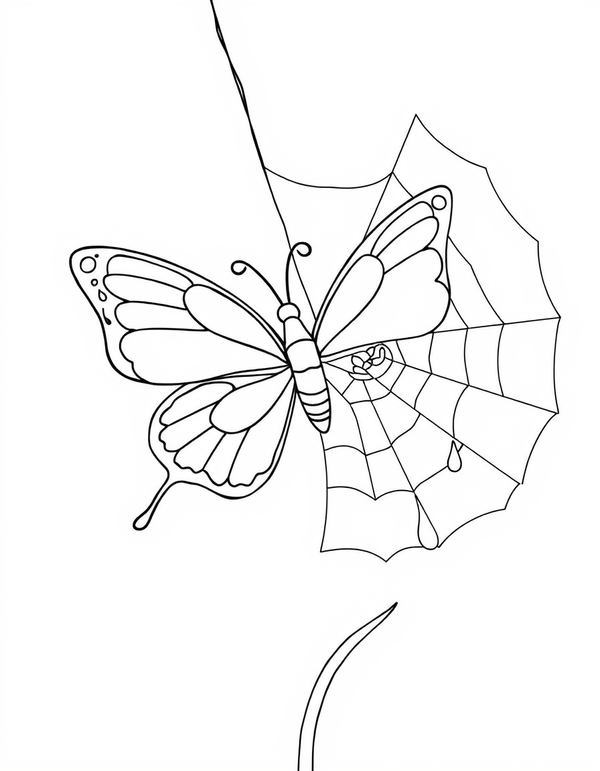 Butterfly on a Spider Web with Morning Dew - black and white coloring page