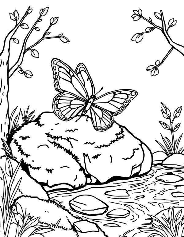 Butterfly Resting on a Mossy Rock by a Stream - black and white coloring page