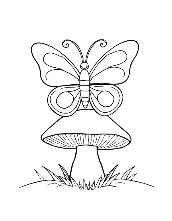 Butterfly Resting On A Mushroom Cap black and white line art